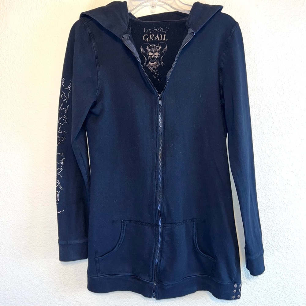 Unholy Grail Women’s Black Graphic Long Sleeve Hoodie. Sz L
